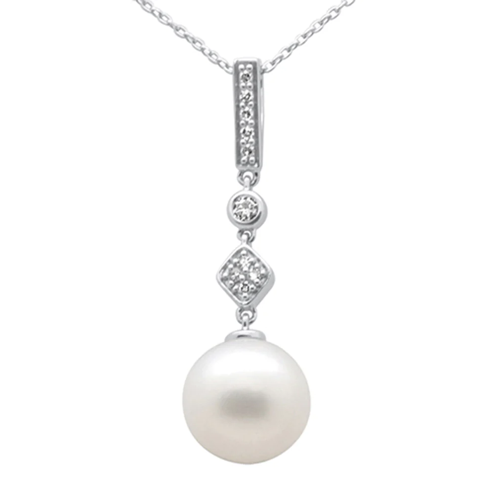 <span style="color:purple">SPECIAL!</span> .10ct G SI 14K White Gold Diamond Pearl Pendant Necklace 18" Long Chain