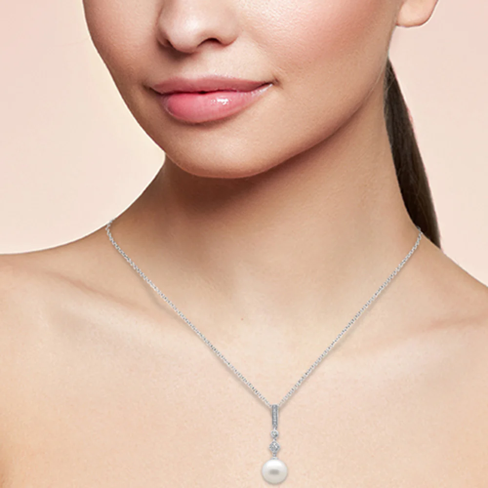 <span style="color:purple">SPECIAL!</span> .10ct G SI 14K White Gold Diamond Pearl Pendant Necklace 18" Long Chain - Image 2
