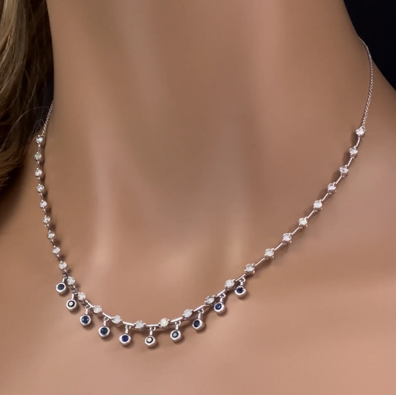 <span>DIAMOND CLOSEOUT! </span> 2.36ct G SI 14K White Gold Diamond & Blue Sapphire Gemstone Dangling Pendant Necklace 16" + 2" EXT - Image 2