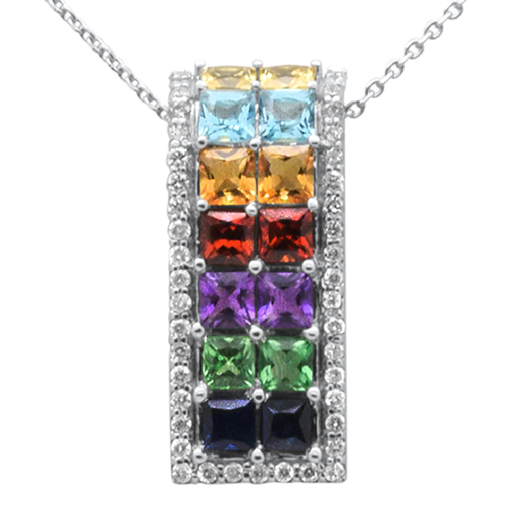 <span>GEMSTONE CLOSEOUT! </span> 2.88ct G SI 14K White Gold Diamond & Multi Color Gemstone Pendant Necklace 16" + 2" Ext.