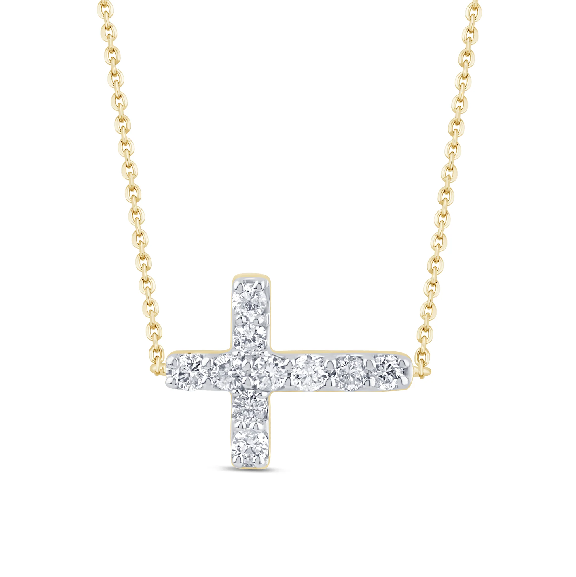<span style="color:purple">SPECIAL!</span> .25ct G SI 14K Yellow Gold Diamond Sideways Cross Pendant Necklace 16" + 2" EXT