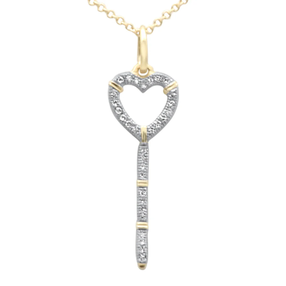 <span style="color:purple">SPECIAL!</span> .09ct G SI 14K Yellow Gold Diamond Heart Key Pendant Necklace 18" Long