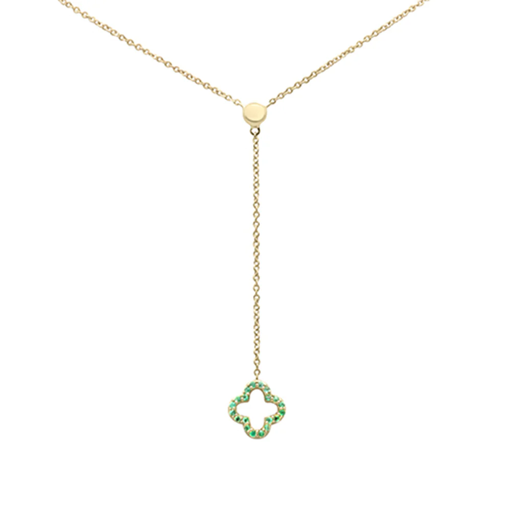 <span>DIAMOND CLOSEOUT! </span> .08ct G SI 14K Yellow Gold  Emerald Gemstone Clover Lariat Pendant Necklace 16" Long