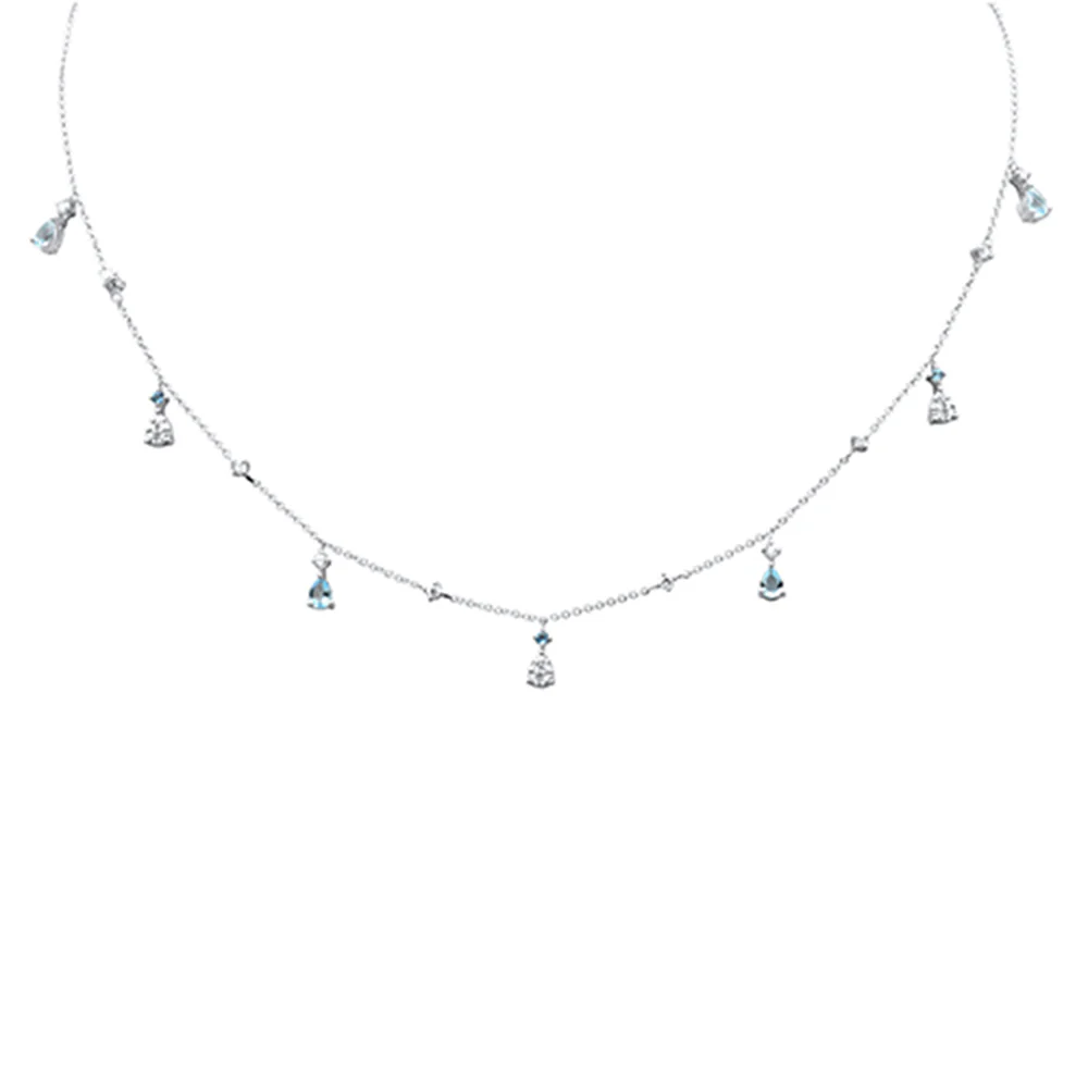 <span style="color:purple">SPECIAL!</span> .92ct G SI 14K White Gold Diamond & Aquamarine Gemstone Dangling Pendant Necklace 16" + 2" Ext
