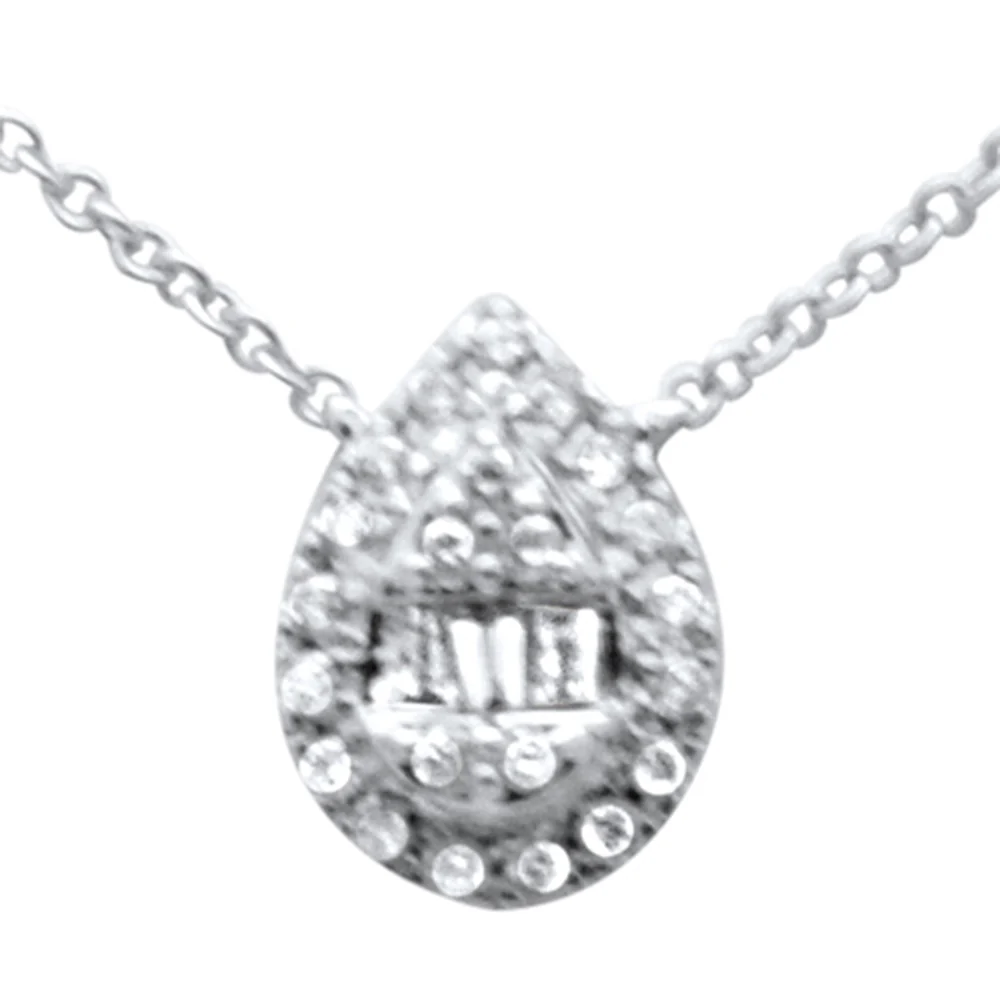 <span style="color:purple">SPECIAL!</span> .15ct G SI 14K White Gold Diamond Round & Baguette Pear Shape Pendant Necklace 16" + 2" EXT