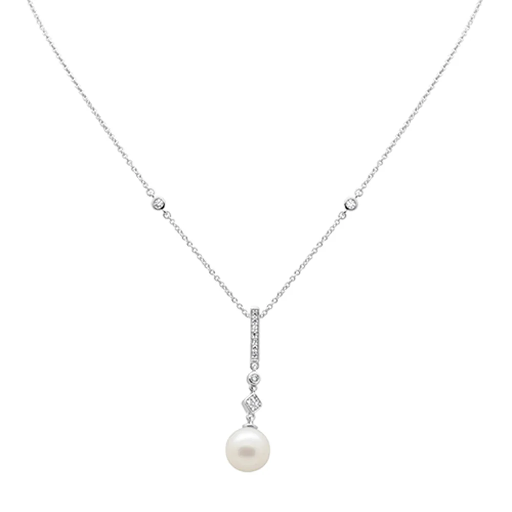 <span style="color:purple">SPECIAL!</span>.10ct G SI 14K White Gold Diamond Pearl Drop Pendant Necklace 16" + 2" EXT