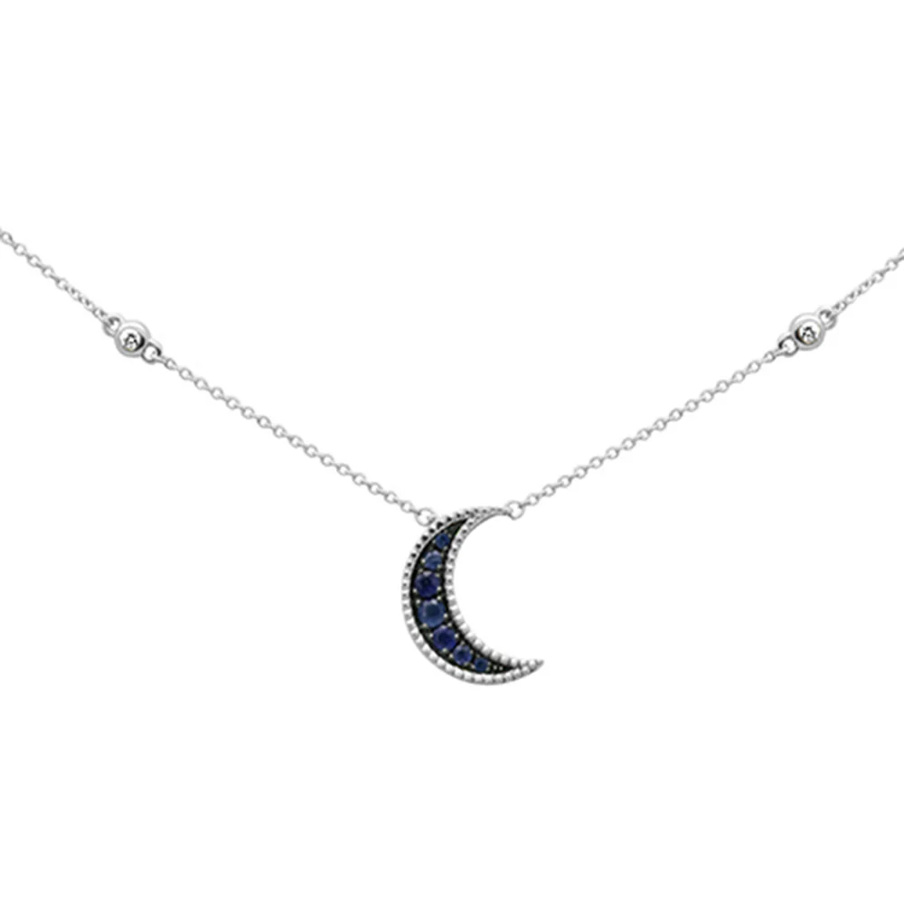 <span style="color:purple">SPECIAL!</span>.04ct,.22ct G SI 14K White Gold Diamond & Blue Sapphire Half Moon Gemstone Necklace 20"