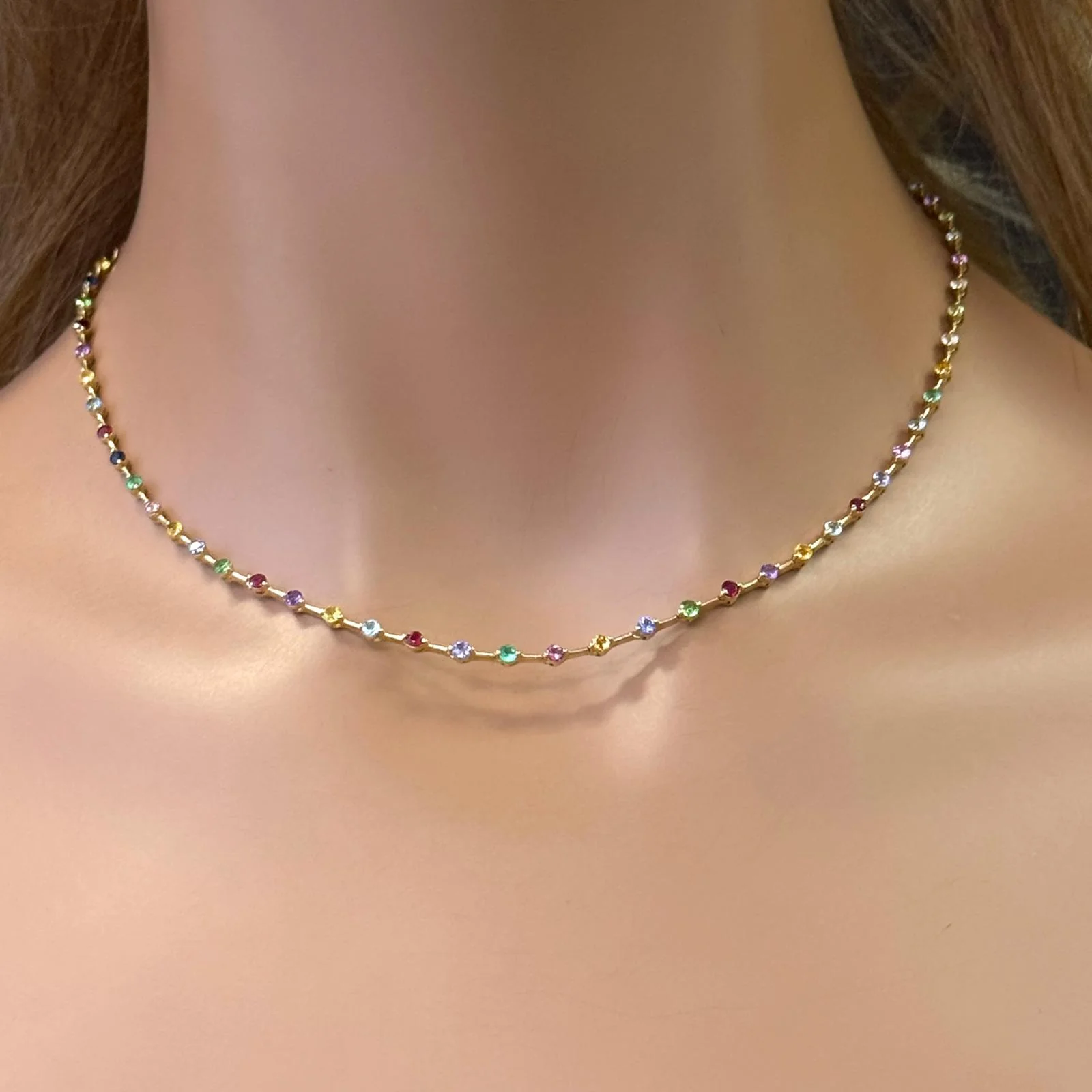 <span>DIAMOND CLOSEOUT! </span> 3.60ct G SI 14K Yellow Gold Multi Color Gemstone Round Bar Link Necklace 16" Long - Image 2