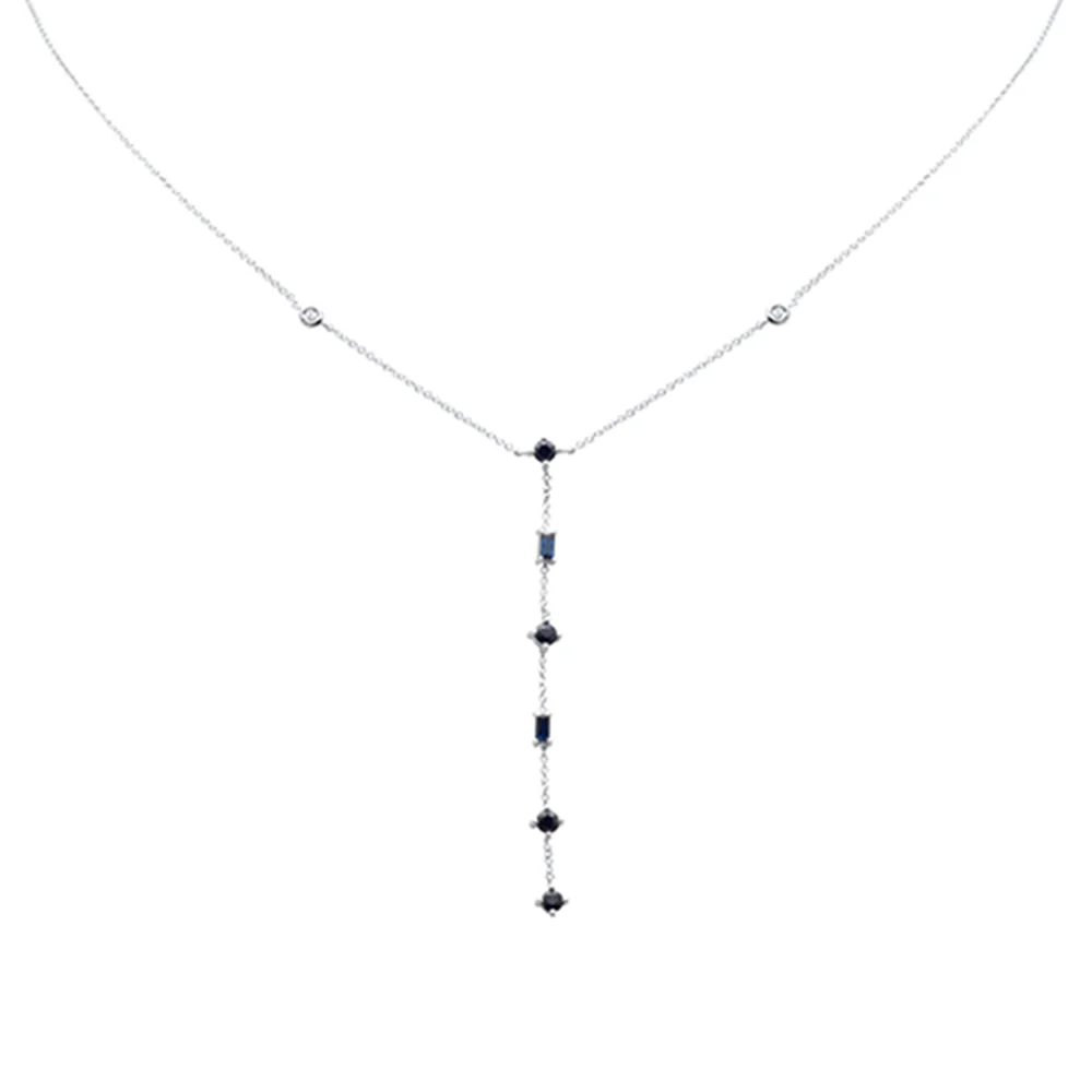 <span style="color:purple">SPECIAL!</span> .90ct G SI 14K White Gold Diamond & Blue Sapphire Gemstone Lariat Necklace 16" Long