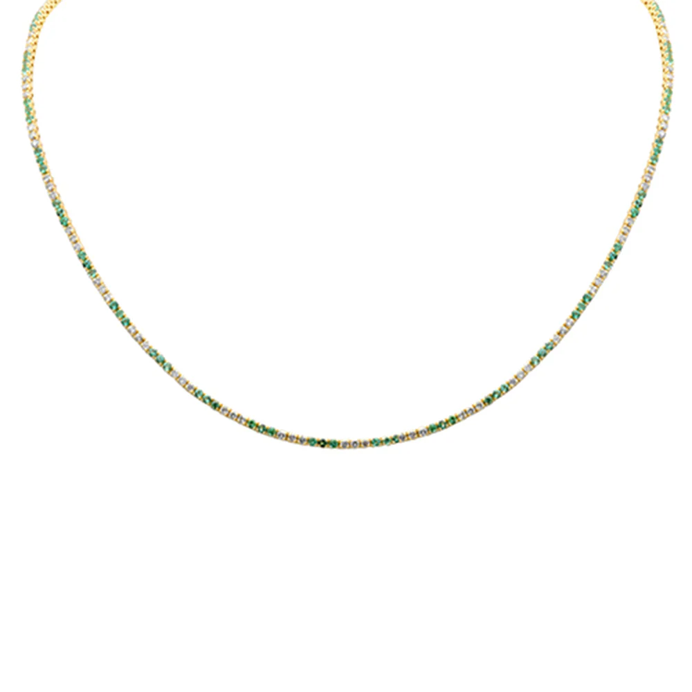 <span style="color:purple">SPECIAL!</span> 4.06ct G SI 14K Yellow Gold Diamond & Emerald Tennis Necklace 16+2" Ext