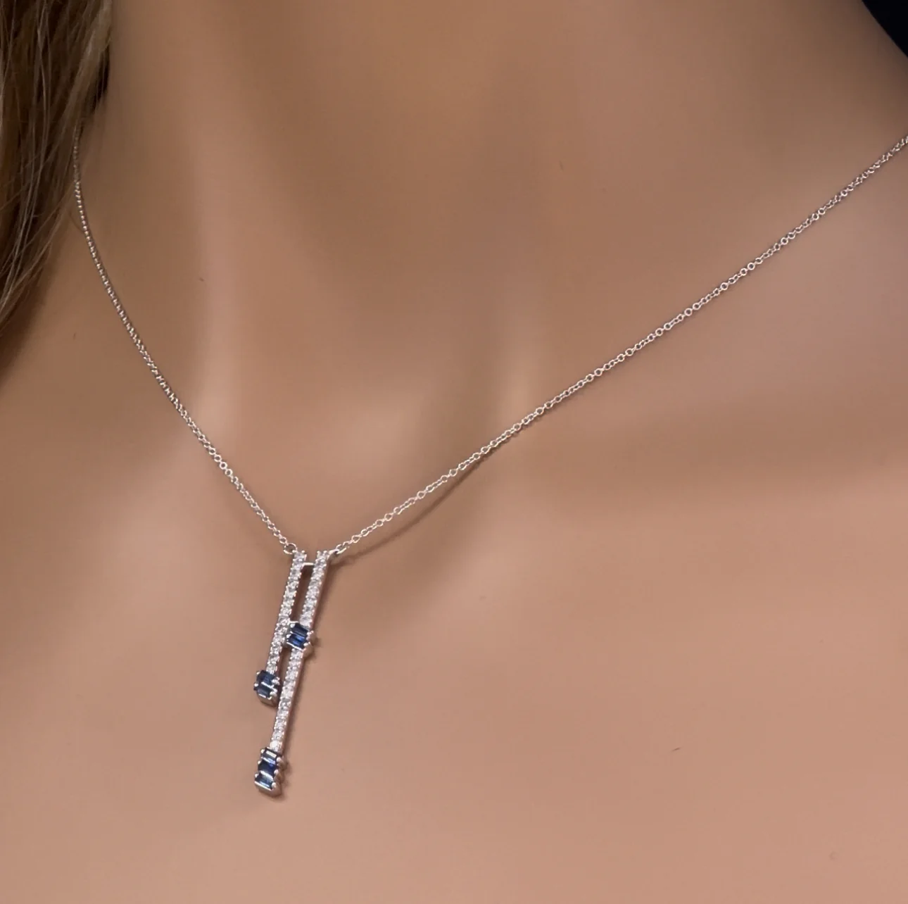 <span>GEMSTONE CLOSEOUT! </span> .58ct G SI 14K White Gold Diamond & Blue Sapphire Drop Necklace 18" Ext