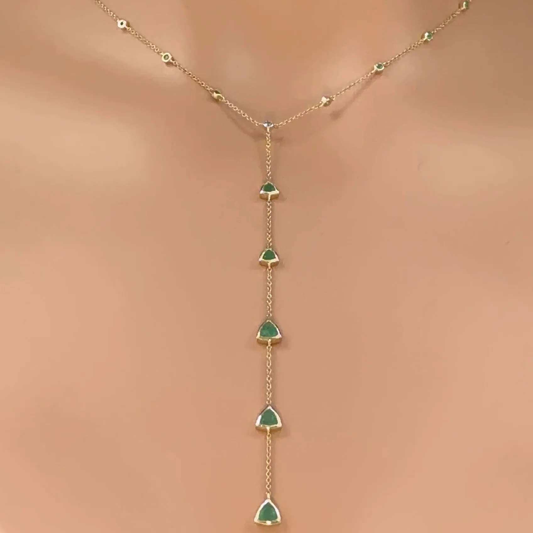 <span>DIAMOND CLOSEOUT! </span> 1.29ct G SI 14K Yellow Gold Emerald Gemstone Drop Lariat Necklace 16+2" Ext - Image 2