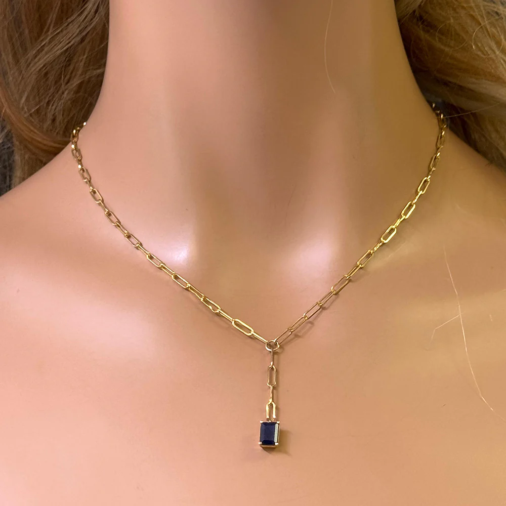 <span>DIAMOND CLOSEOUT! </span>.91ct G SI 14K Yellow Gold Natural Blue Sapphire Gemstone Paperclip Necklace 14 + 2" Ext