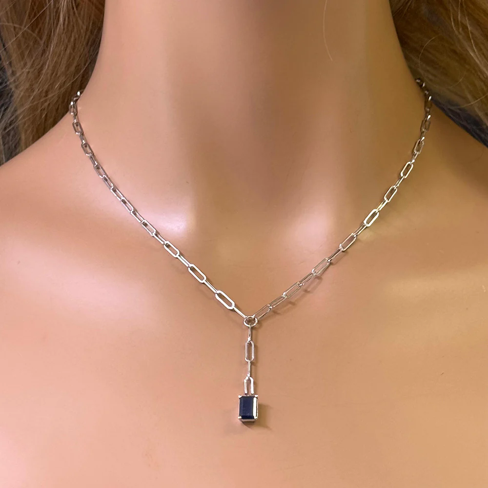 <span>DIAMOND CLOSEOUT! </span>.90ct G SI 14K White Gold Natural Blue Sapphire Gemstone Paperclip Necklace 14 + 2" Ext
