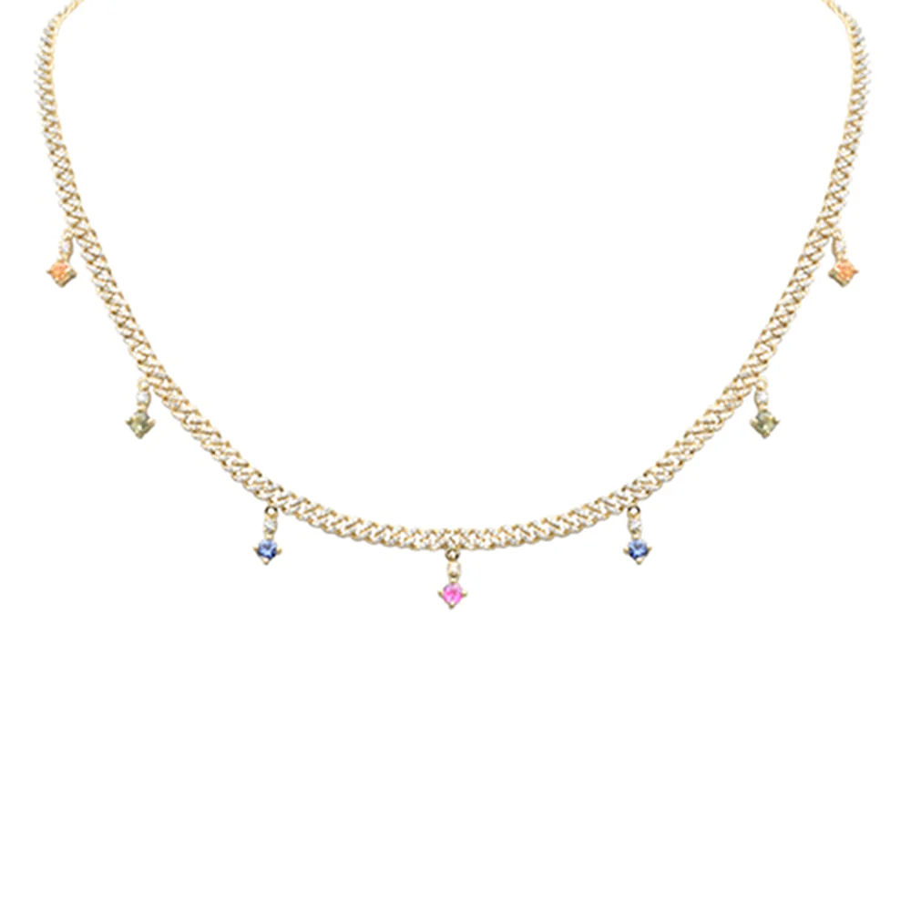 <span style="color:purple">SPECIAL!</span> 2.24ct G SI 14K Yellow Gold Diamond & Multi Color Gemstone Cuban Chain Necklace 12+4" Ext