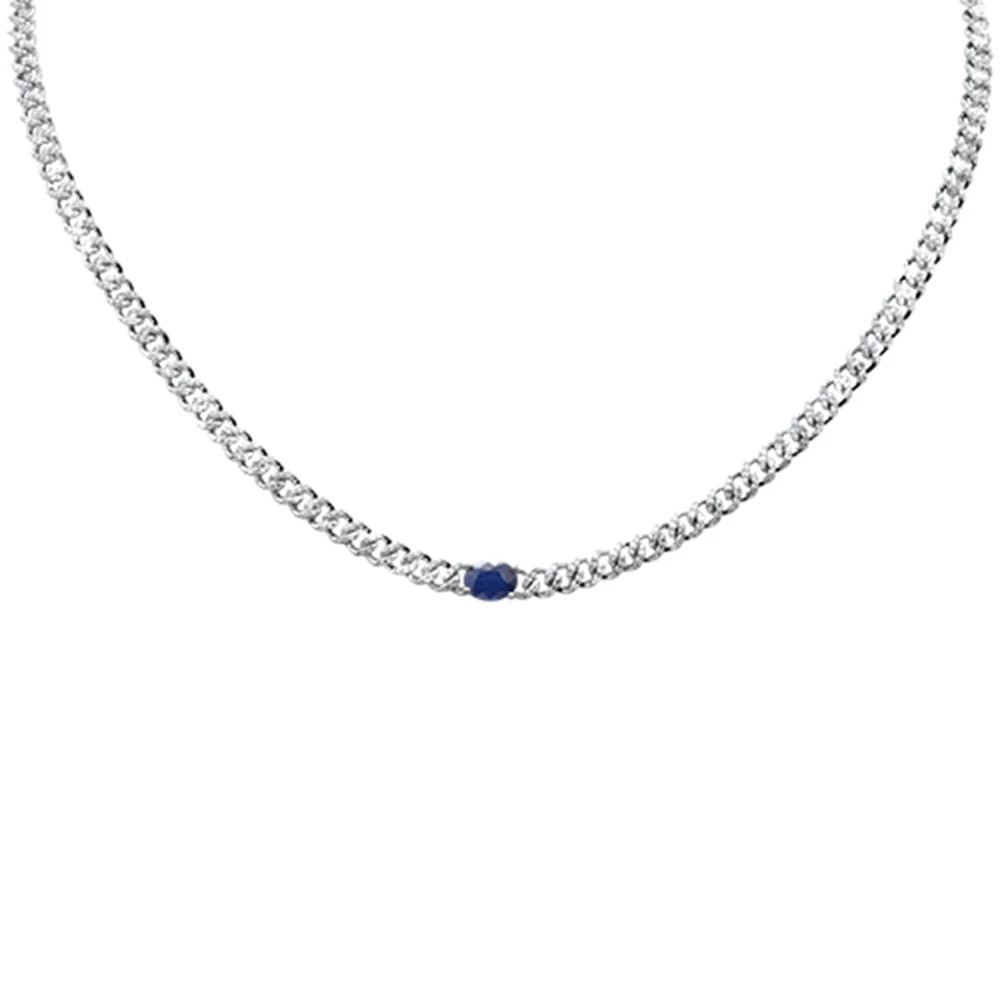 <span>GEMSTONE CLOSEOUT! </span> 1.83ct G SI 14K White Gold Oval Shaped Blue Sapphire Gemstone & Diamond Cuban Necklace 13+3" Long