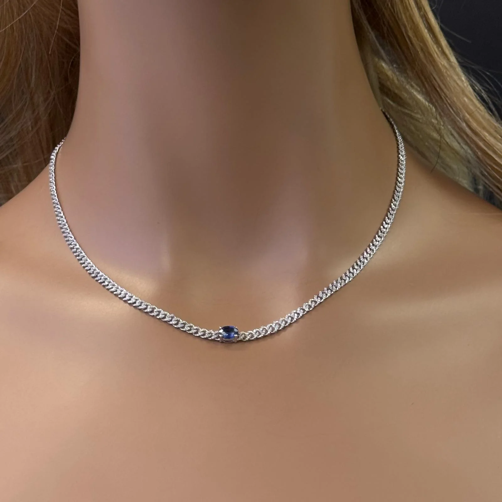 <span>GEMSTONE CLOSEOUT! </span> 1.83ct G SI 14K White Gold Oval Shaped Blue Sapphire Gemstone & Diamond Cuban Necklace 13+3" Long - Image 2