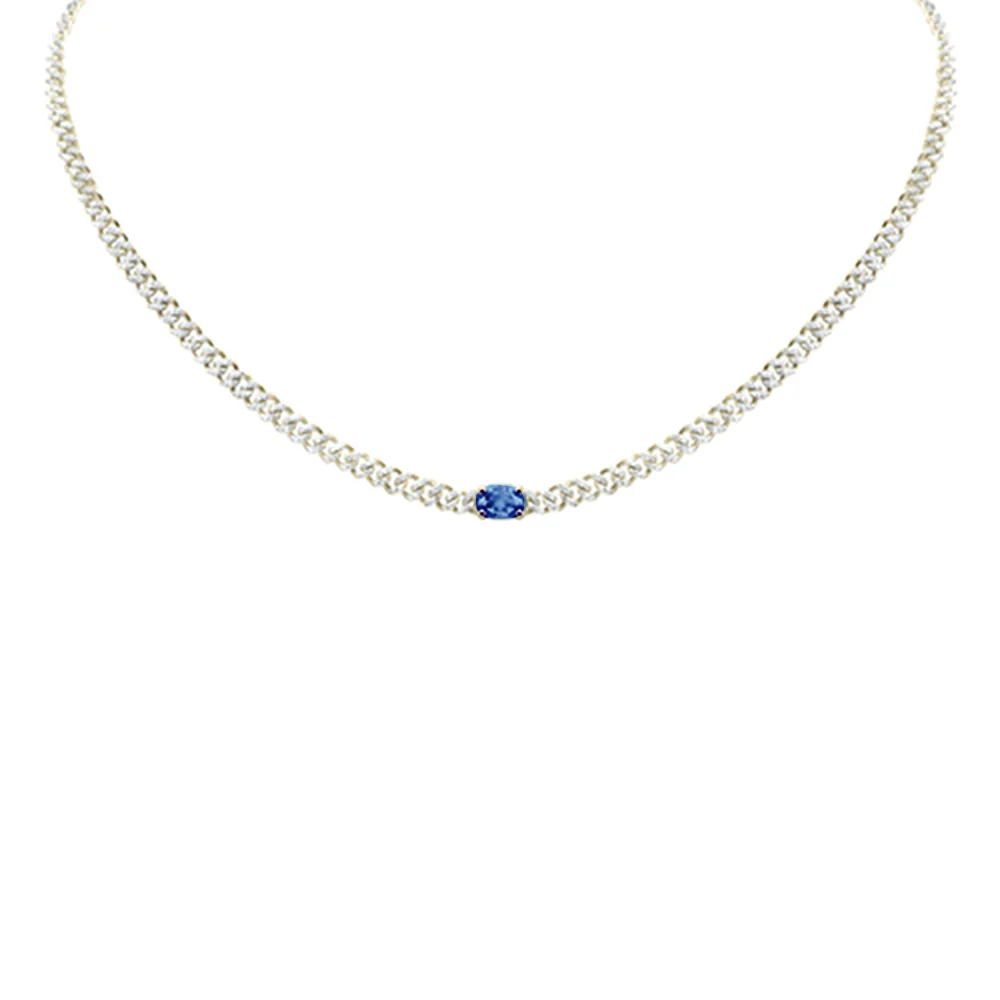 <span style="color:purple">SPECIAL!</span> 1.66ct G SI 14K Yellow Gold Round Diamond & Oval Shaped Blue Sapphire Cuban Necklace 13 + 3" Ext.