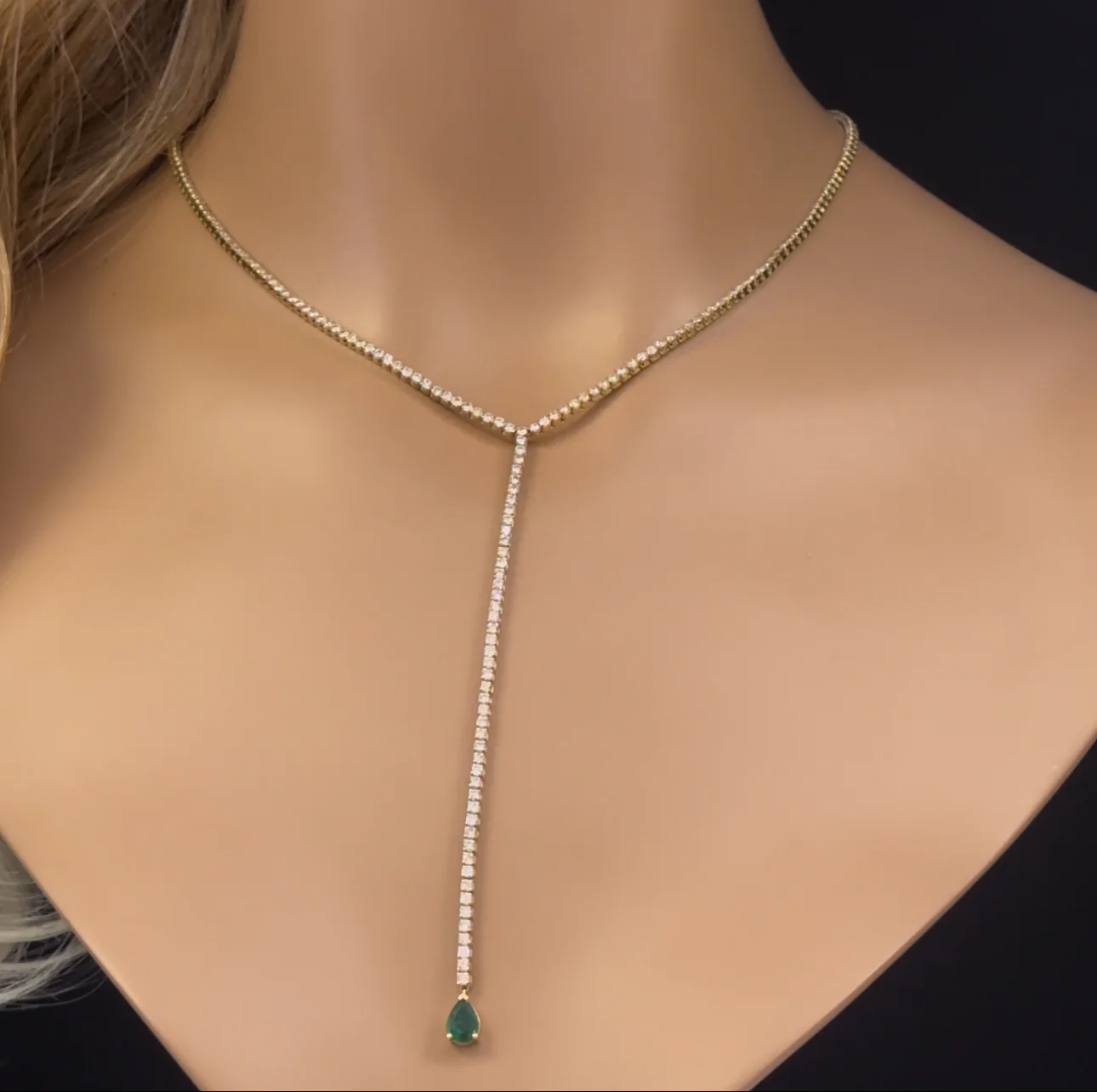 <span style="color:purple">SPECIAL!</span>5.85ct G SI 14K Yellow Gold Diamond Emerald Drop Tennis Necklace 14+4" Long