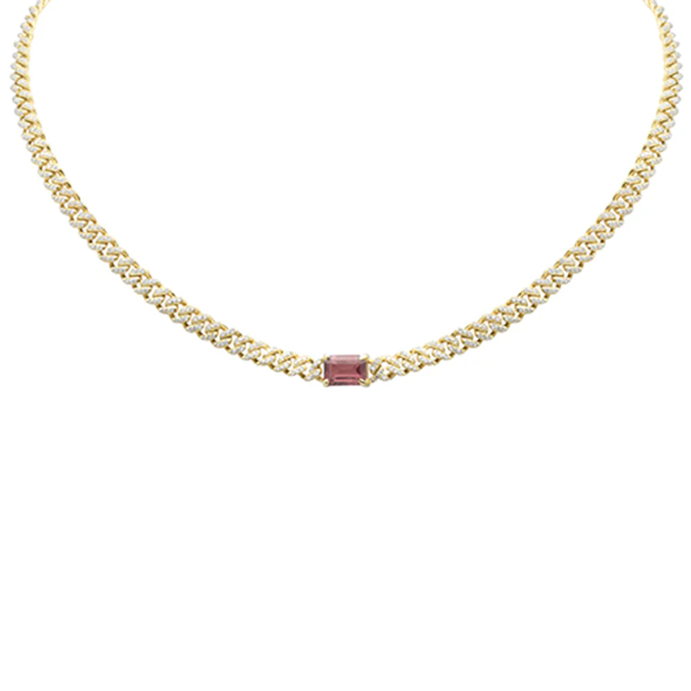 <span style="color:purple">SPECIAL!</span> 2.56ct G SI 14K Yellow Gold Diamond & Pink Tourmaline Emerald Cut Gemstone Necklace 13+3" Long