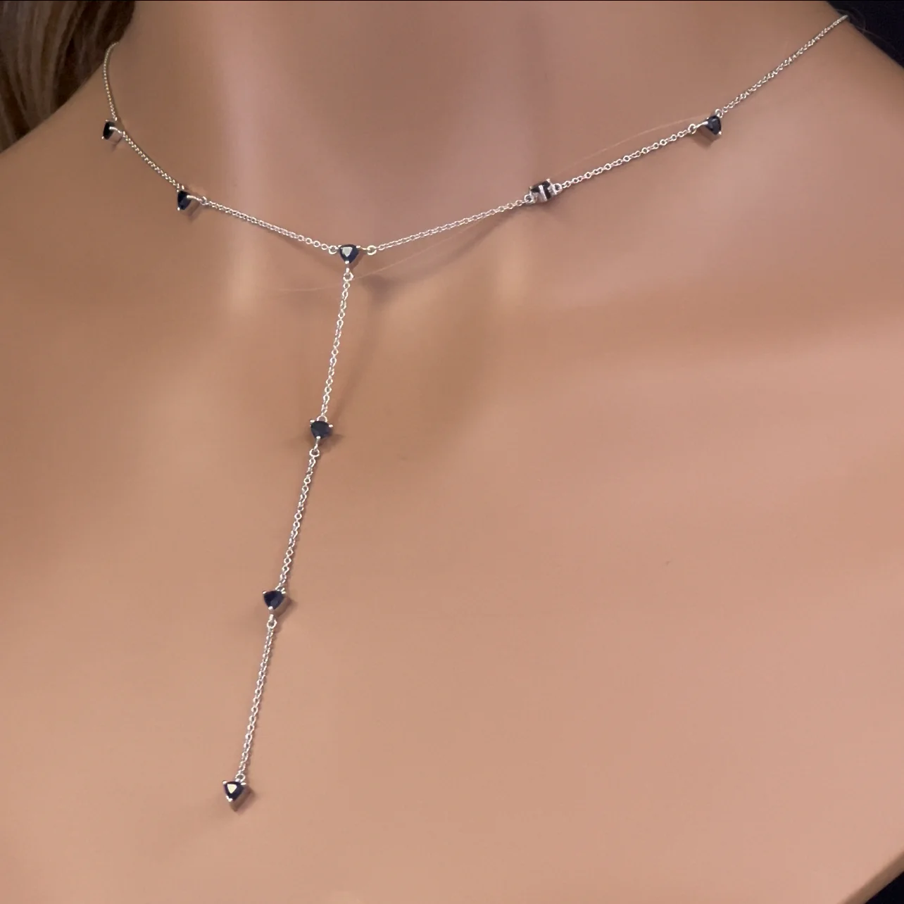 <span>GEMSTONE CLOSEOUT! </span> 1.28ct G SI 14K White Gold Blue Sapphire Lariat Necklace 16 + 2" Ext