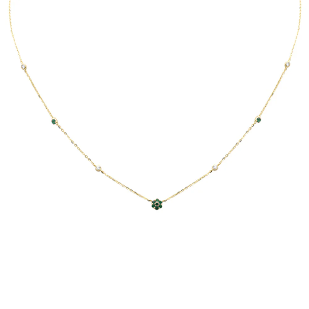 <span style="color:purple">SPECIAL!</span> .29ct G SI 14K Yellow Gold Diamond & Emerald Gemstone Flower Pendant Necklace 16+2" Long
