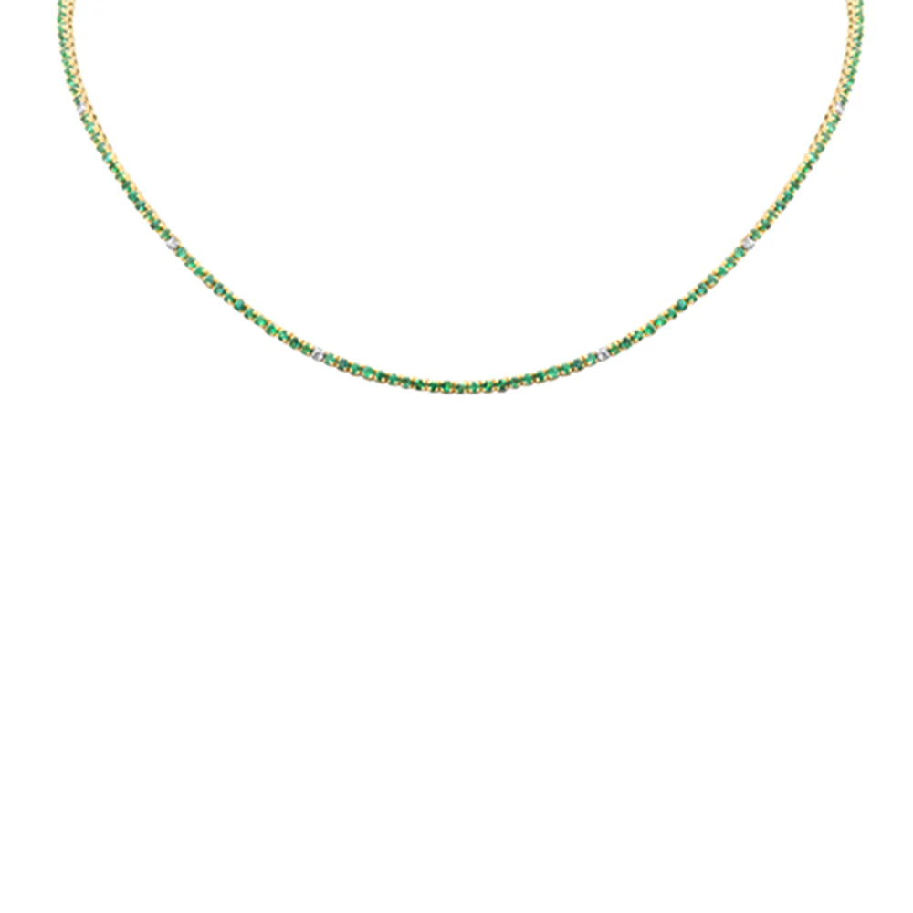 <span style="color:purple">SPECIAL!</span> 3.23ct G SI 14K Yellow Gold Diamond & Green Emerald Tennis Necklace 14 + 2 " Long