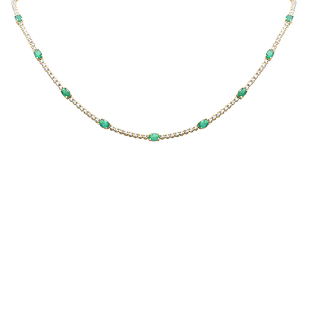 <span style="color:purple">SPECIAL!</span> 9.29ct G SI 14K Yellow Gold Diamond & Oval Green Emerald Tennis Necklace 18" Long