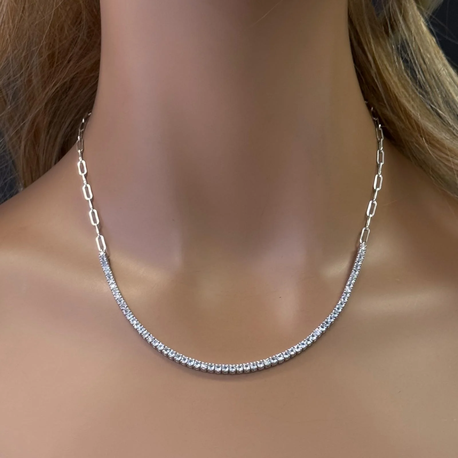 <span>DIAMOND CLOSEOUT! </span> 2.29ct G SI 14K White Gold Diamond & Aquamarine Paperclip Tennis Necklace 16 + 1" Long - Image 2