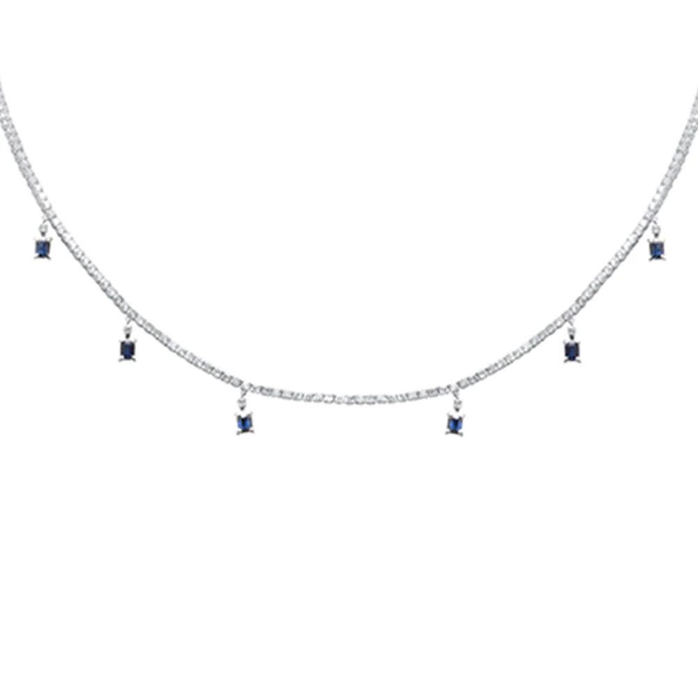 <span style="color:purple">SPECIAL!</span> 5.34ct G SI 14K White Gold Diamond & Blue Sapphire Gemstone Tennis Necklace 13" + 6" EXT