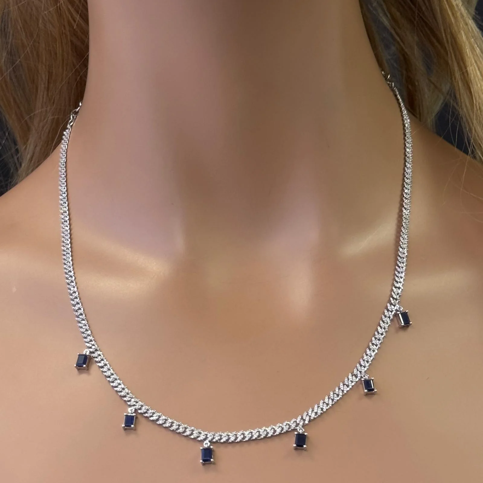 <span>GEMSTONE CLOSEOUT! </span> 2.82ct G SI 14K White Gold Diamond & Blue Sapphire Cuban Link Necklace 13" + 6" EXT