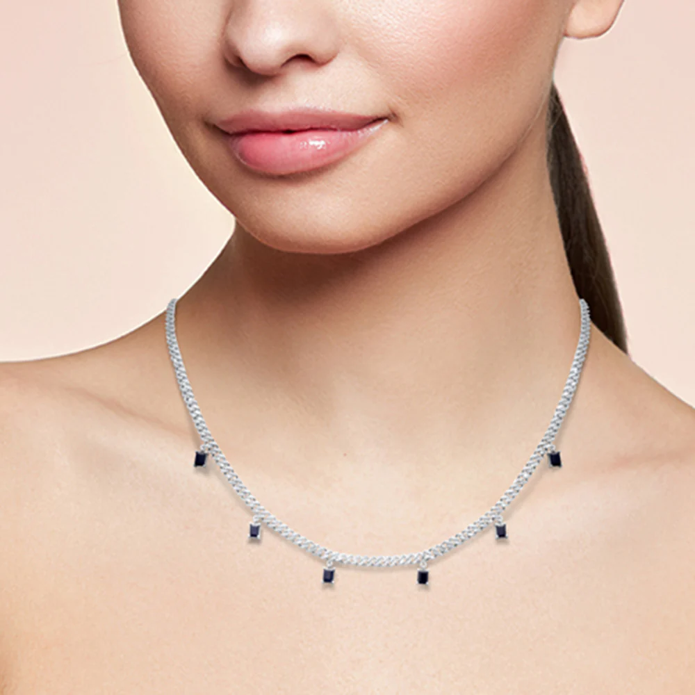 <span>GEMSTONE CLOSEOUT! </span> 2.82ct G SI 14K White Gold Diamond & Blue Sapphire Cuban Link Necklace 13" + 6" EXT - Image 3
