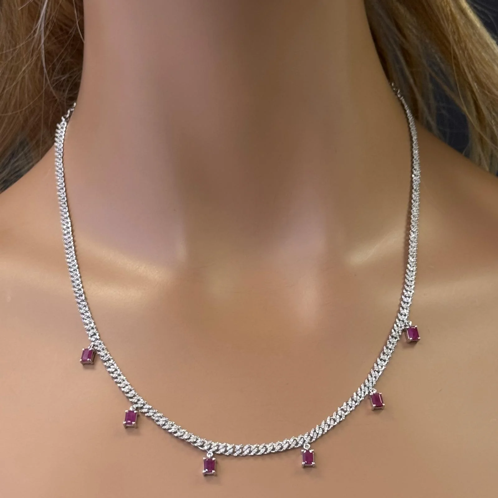 <span style="color:purple">SPECIAL!</span> 3.10ct G SI 14K White Gold Diamond & Ruby Cuban Link Necklace 13" + 6" EXT