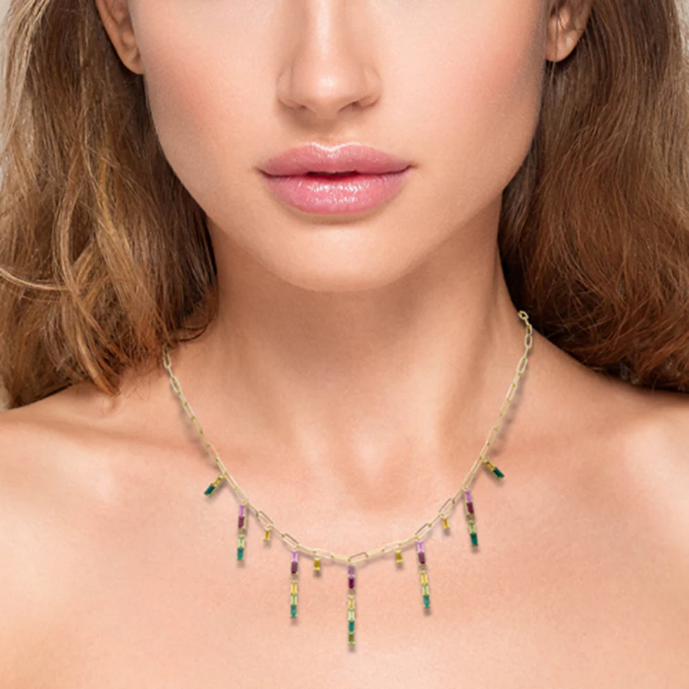 <span>GEMSTONE CLOSEOUT! </span> 4.35ct G SI 14K Yellow Gold Multi Color Gemstone Dangling Paper Clip Necklace 16" + 2" EXT - Image 3