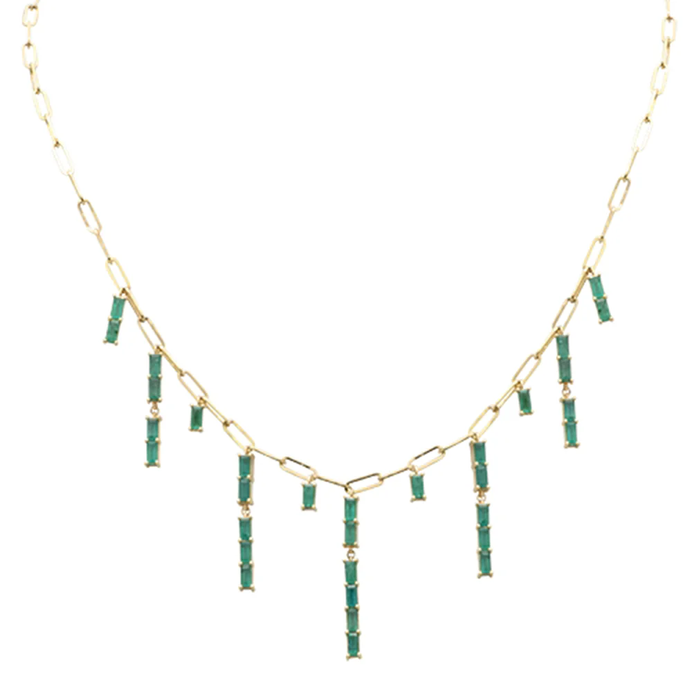 <span>GEMSTONE CLOSEOUT! </span>3.52ct G SI 14K Yellow Gold Natural Green Emerald Gemstone Dangling Paper Clip Necklace 16" + 2" EXT