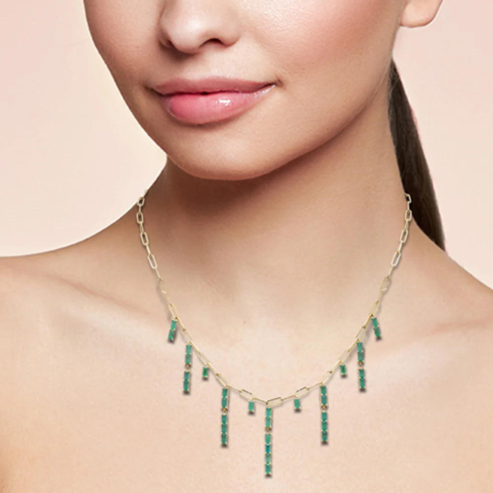 <span>GEMSTONE CLOSEOUT! </span>3.52ct G SI 14K Yellow Gold Natural Green Emerald Gemstone Dangling Paper Clip Necklace 16" + 2" EXT - Image 2