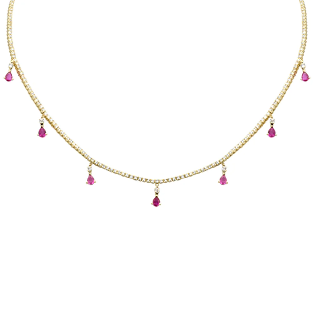 <span style="color:purple">SPECIAL!</span> 3.41ct G SI 14K Yellow Gold Diamond & Pink Sapphire Tennis Necklace 14" + 2" EXT