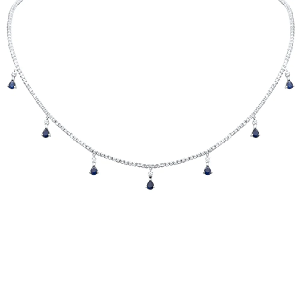 <span style="color:purple">SPECIAL!</span> 3.41ct G SI 14K White Gold Diamond & Blue Sapphire Gemstone Tennis Necklace 14" + 2" Long
