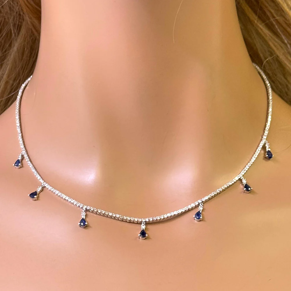<span style="color:purple">SPECIAL!</span> 3.41ct G SI 14K White Gold Diamond & Blue Sapphire Gemstone Tennis Necklace 14" + 2" Long - Image 2