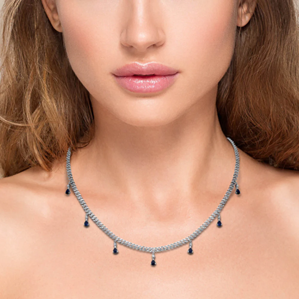 <span style="color:purple">SPECIAL!</span> 2.35CT G SI 14K White Gold Diamond & Blue Sapphire Gemstone Cuban Necklace 12" + 4" Long - Image 2