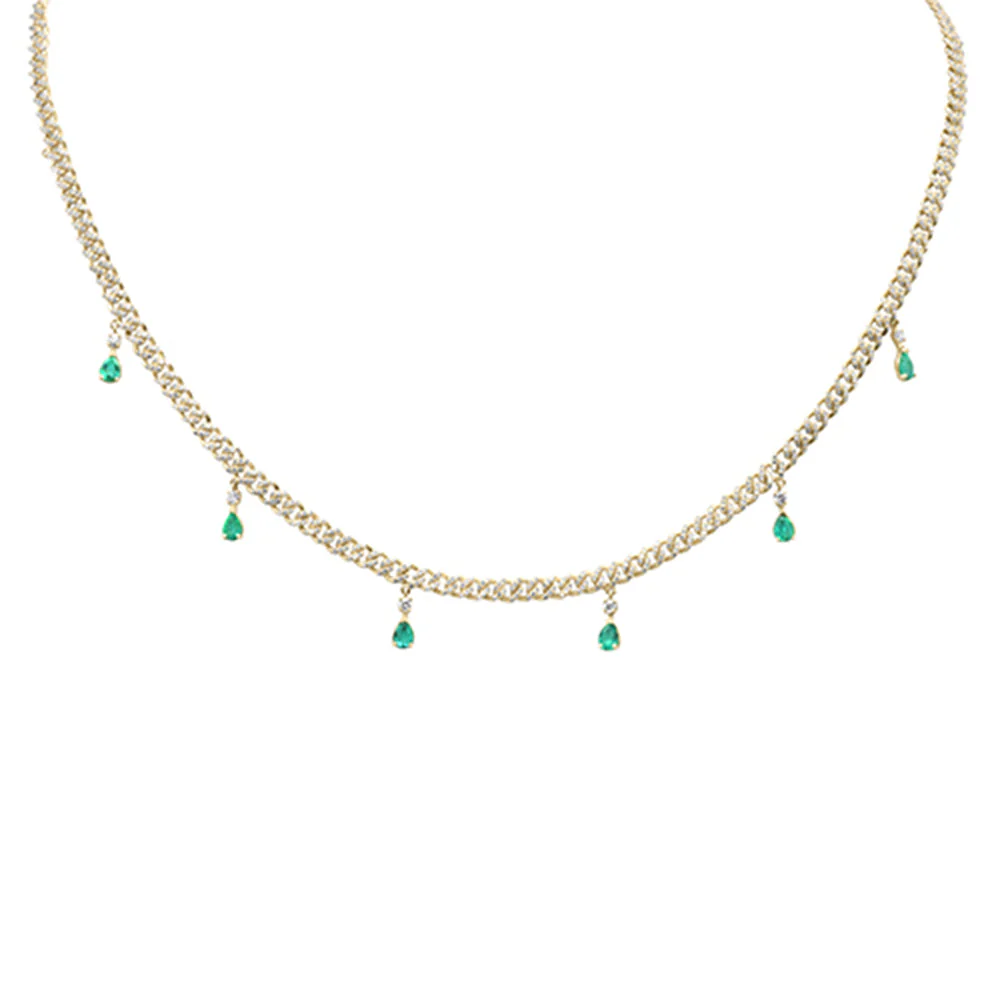 <span style="color:purple">SPECIAL!</span> 2.22ct G SI 14K Yellow Gold Diamond & Emerald Gemstone Dangling Cuban Necklace 14"+2" EXT