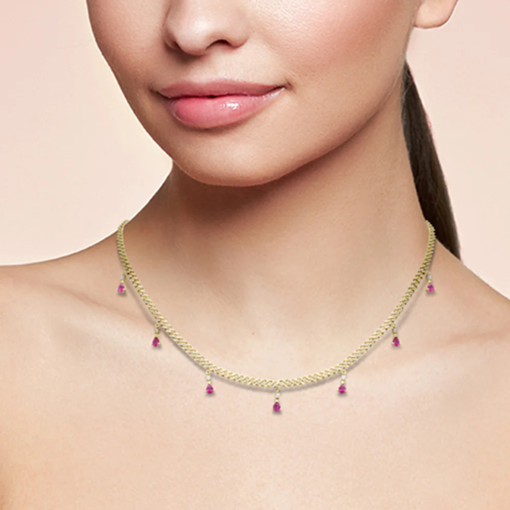 <span style="color:purple">SPECIAL!</span> 2.49ct G SI 14K Yellow Gold Diamond & Pink Tourmaline Gemstone Cuban Necklace 14" + 2" Long - Image 2