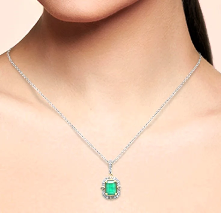 <span style="color:purple">SPECIAL!</span> 1.18ct SI 14K Yellow Gold Diamond & Emerald Gemstone Pendant Necklace 18" Long Chain - Image 2