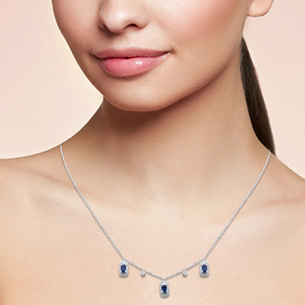 <span style="color:purple">SPECIAL!</span> .96ct G SI 14K White Gold Diamond & Blue Sapphire Gemstones Pendant Necklace 16+2" Long - Image 2