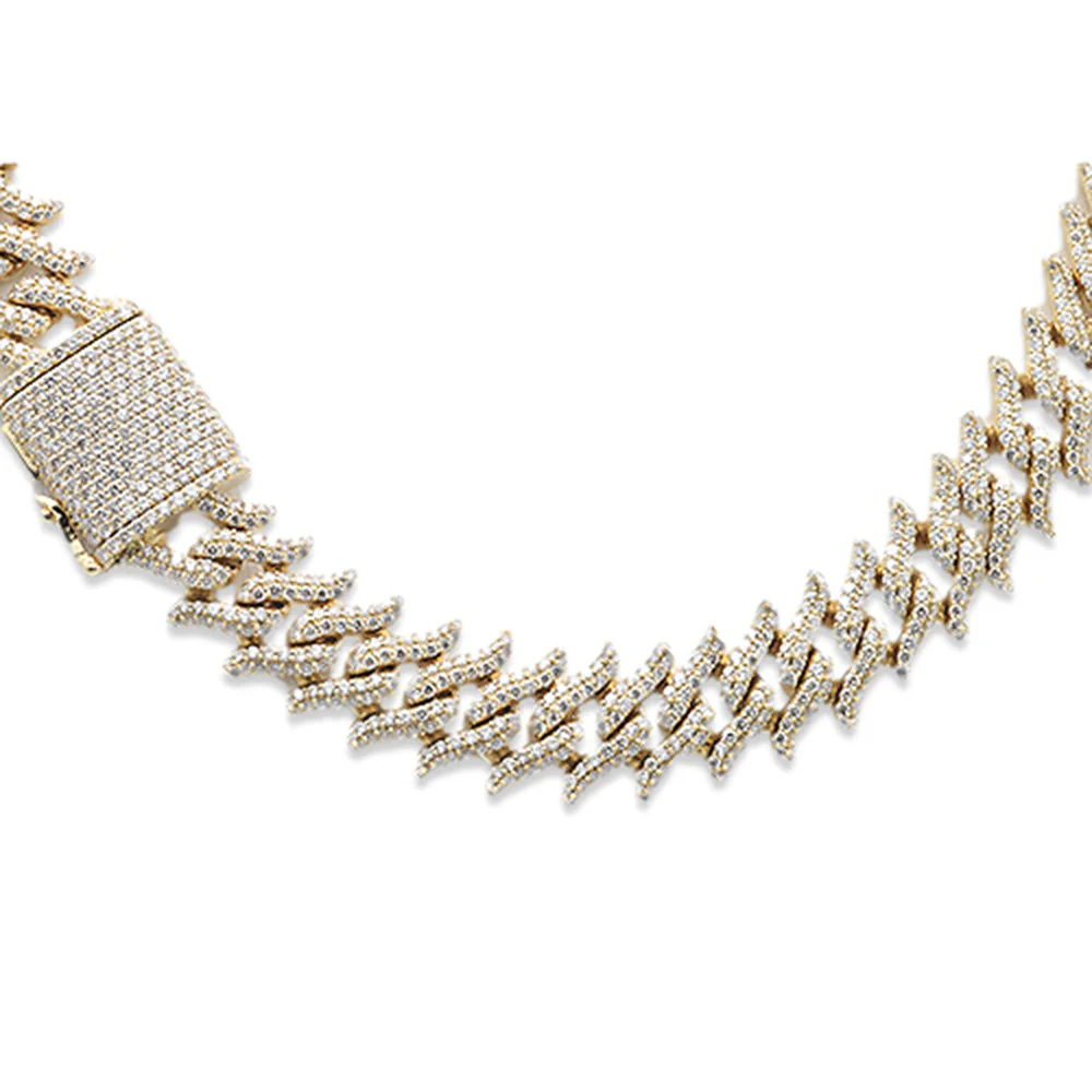 <span style="color:purple">SPECIAL!</span>  9mm 10.84ct G SI 14K Yellow Gold Round Diamond Spiked Cuban Necklace 22"