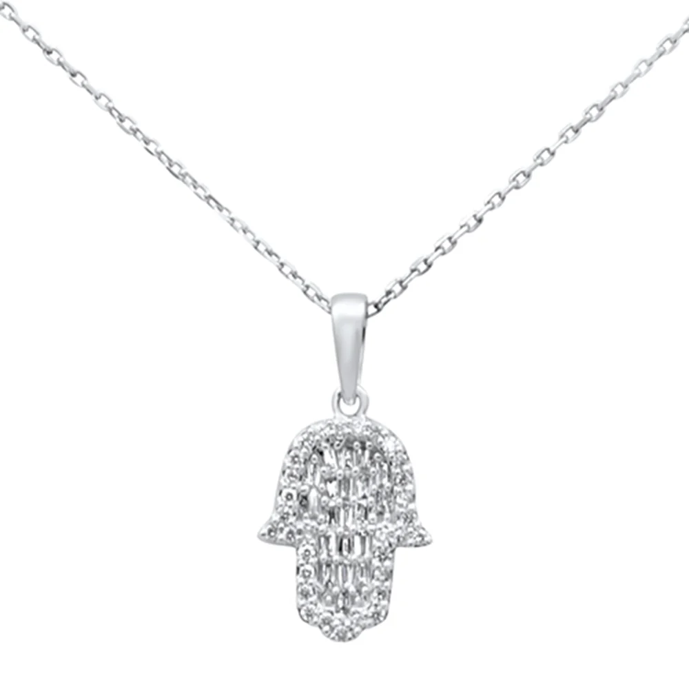 <span style="color:purple">SPECIAL!</span> .25ct G SI 14K White Gold Diamond Round & Baguette Hamsa Pendant Necklace 18" Long