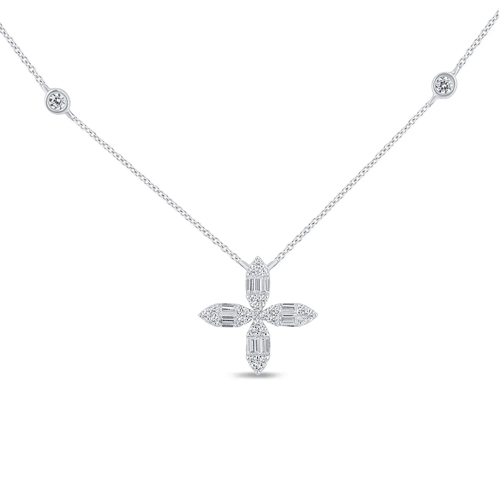 <span style="color:purple">SPECIAL!</span>.30ct G SI 14K White Gold Round & Baguette Diamond Cross Flower Pendant Necklace 16" Long