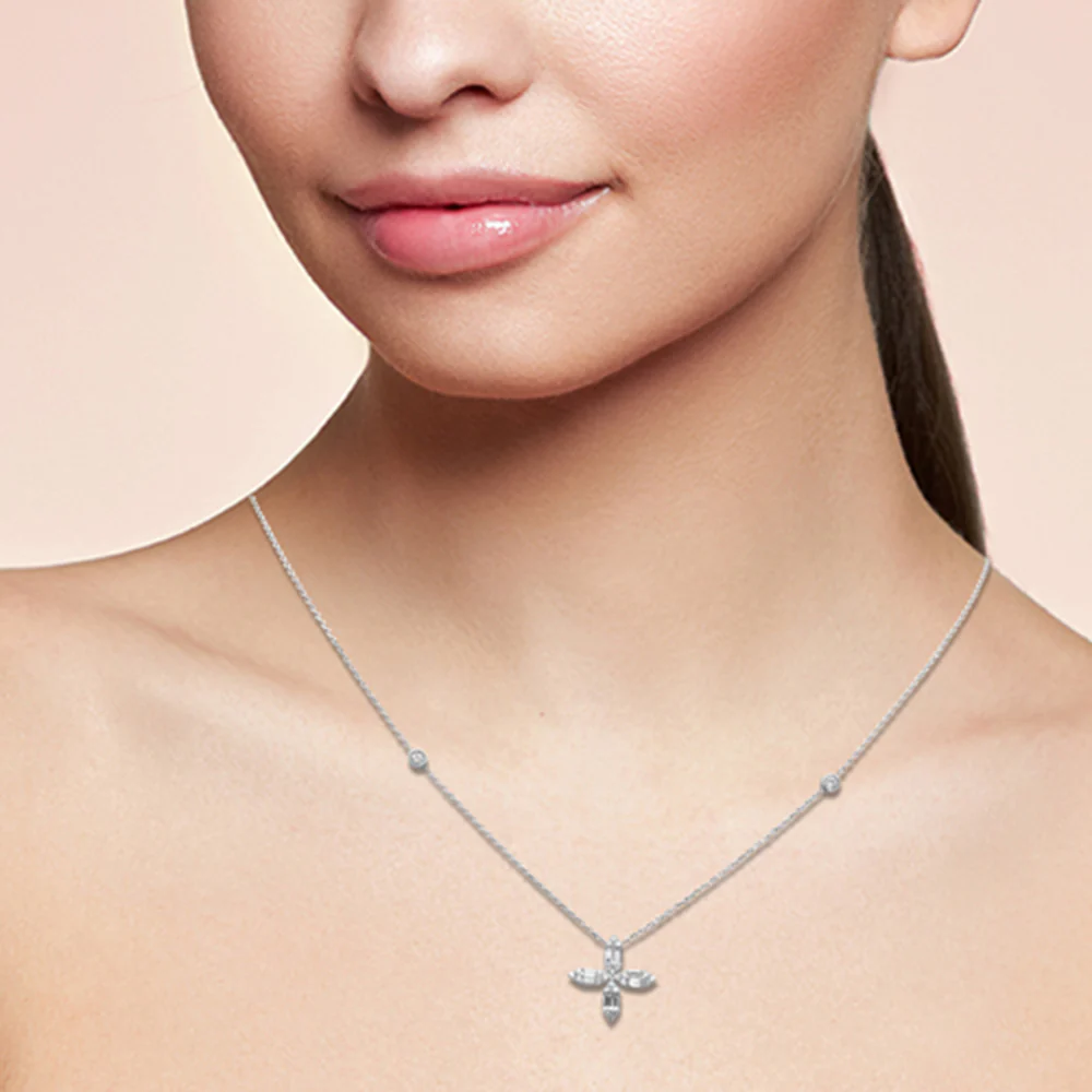 <span style="color:purple">SPECIAL!</span>.30ct G SI 14K White Gold Round & Baguette Diamond Cross Flower Pendant Necklace 16" Long - Image 2