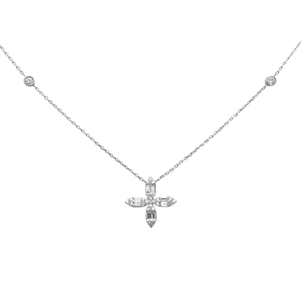 <span style="color:purple">SPECIAL!</span>.30ct G SI 14K White Gold Round & Baguette Diamond Cross Flower Pendant Necklace 16" Long - Image 3