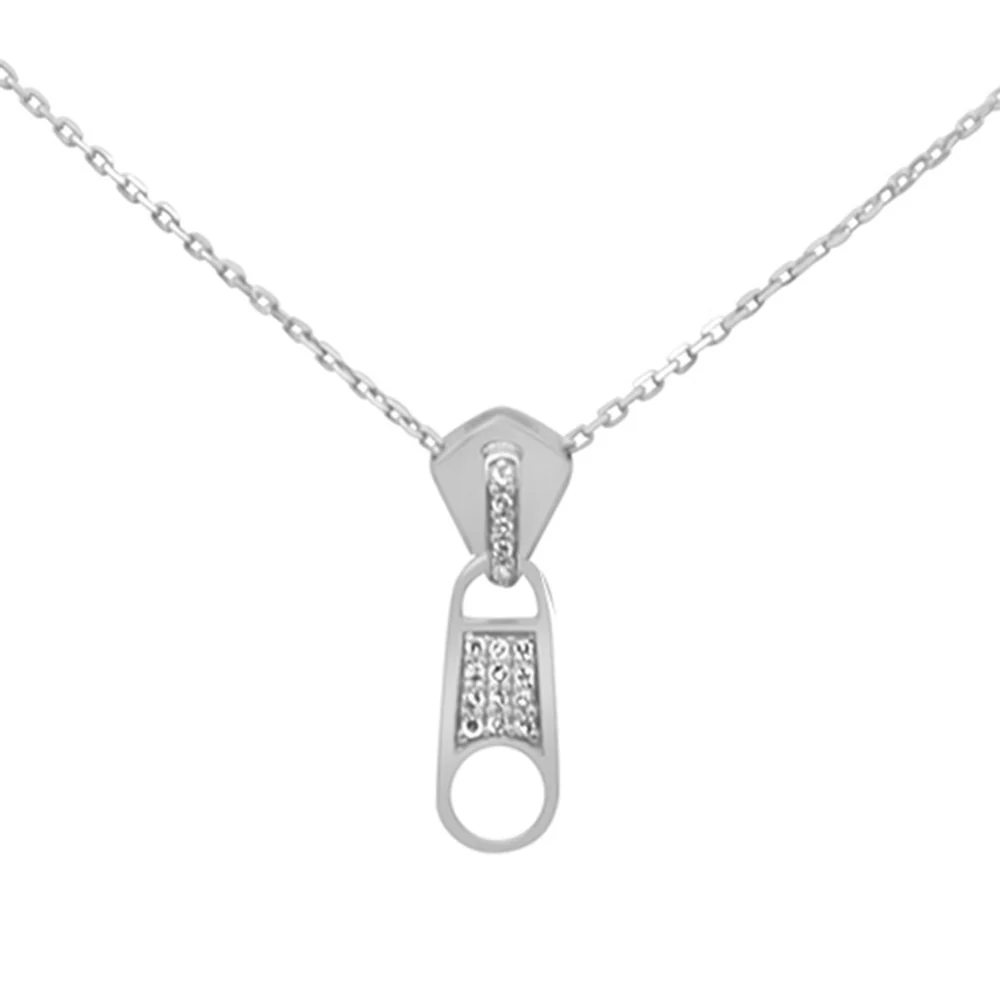 <span style="color:purple">SPECIAL!</span> .08ct G SI 14K White Gold Diamond Zipper Style Pendant Necklace 18" Long Chain